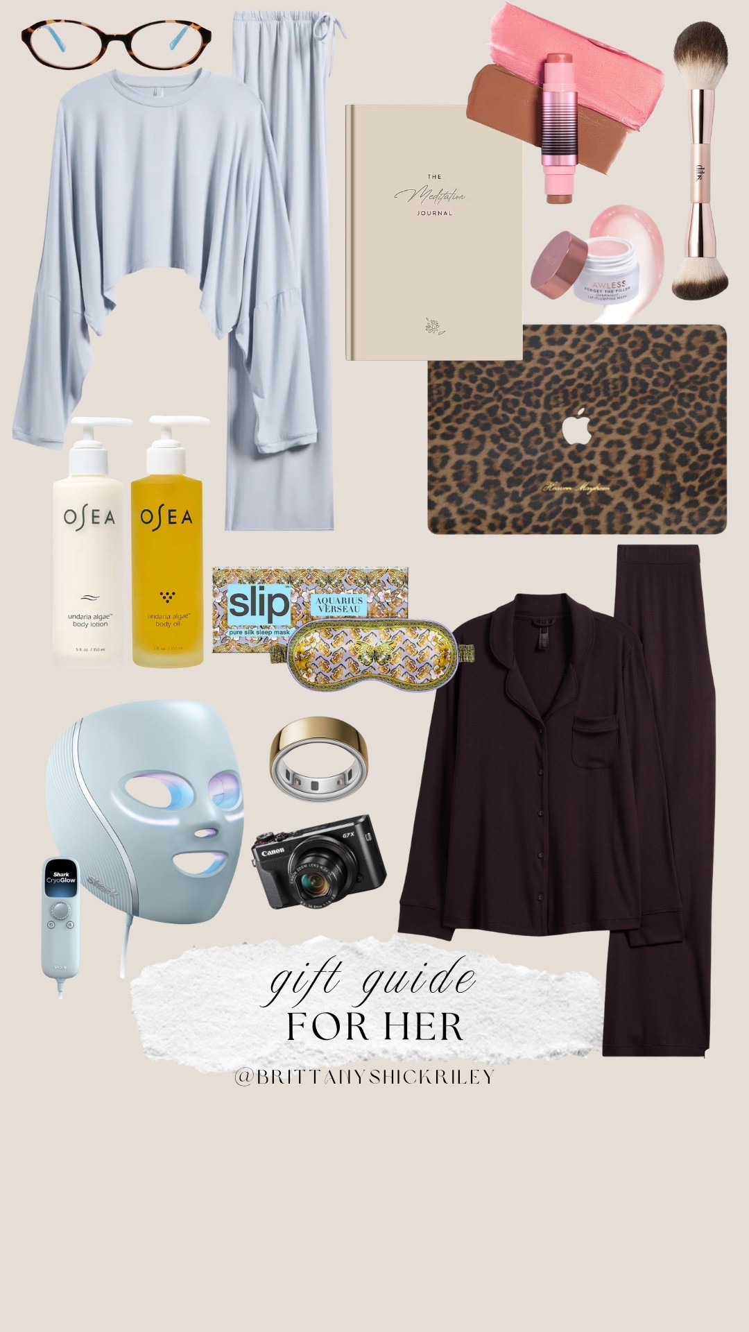 Holiday Gift Guide for Her - Pajamas Pjs skims self care shark red light mask canon g7x slip eye mask leopard laptop case dibs beauty makeup osea body oil anti-aging lotion oura ring meditation journal mom mil wife girlfriend 

#LTKGiftGuide #LTKHoliday #LTKFindsUnder100