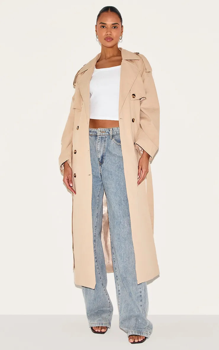Beige Belted Double Breasted Trench Coat | PrettyLittleThing USA | PrettyLittleThing US