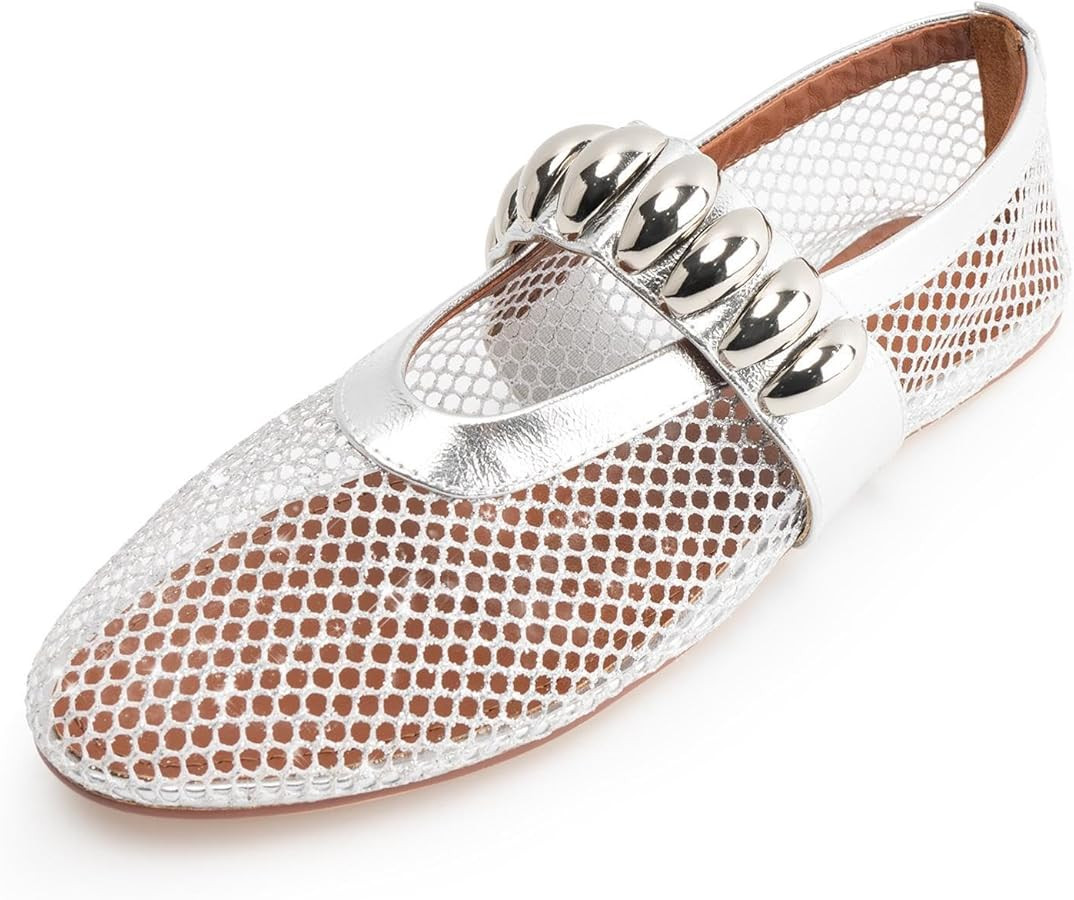 Mesh Ballet Flats Rhinestone Buckle Strap Embellished Ballerina Shoes Fishnet Mary Jane Flats Met... | Amazon (US)