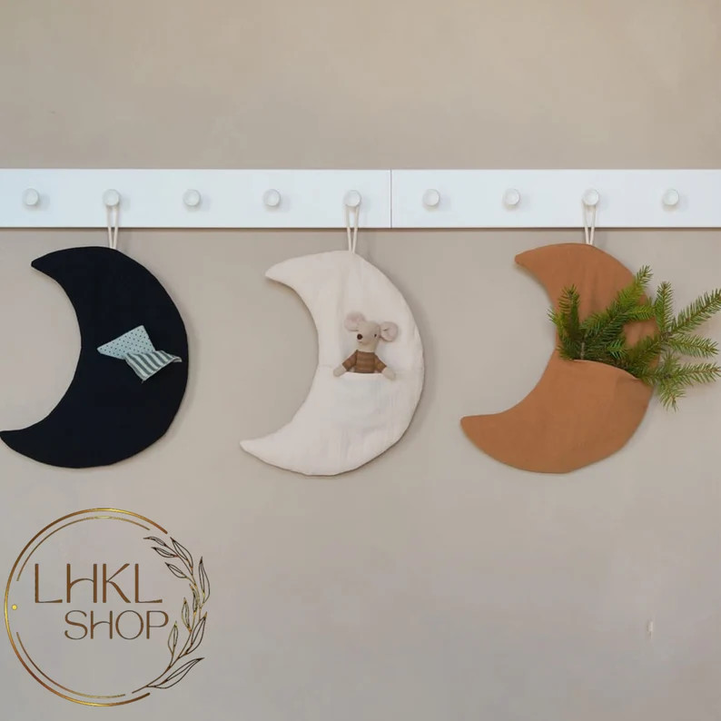 Linen Hanging Moon Pocket, Linen Bed Pocket, Wall Hanging, Nursery Decor, Crib Pocket Organizer, ... | Etsy (US)