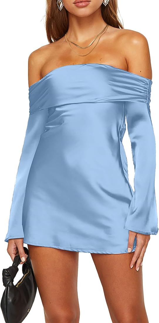 HYPERFIRE Women's Elegant Satin Off The Shoulder Long Sleeve Mini Dress Tie Back Wedding Cocktail... | Amazon (US)