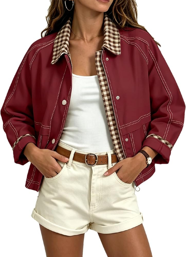 Aimiray Women's Barn Cropped Jacket Lightweight Vintage Plaid Bomber Coat | Amazon (US)