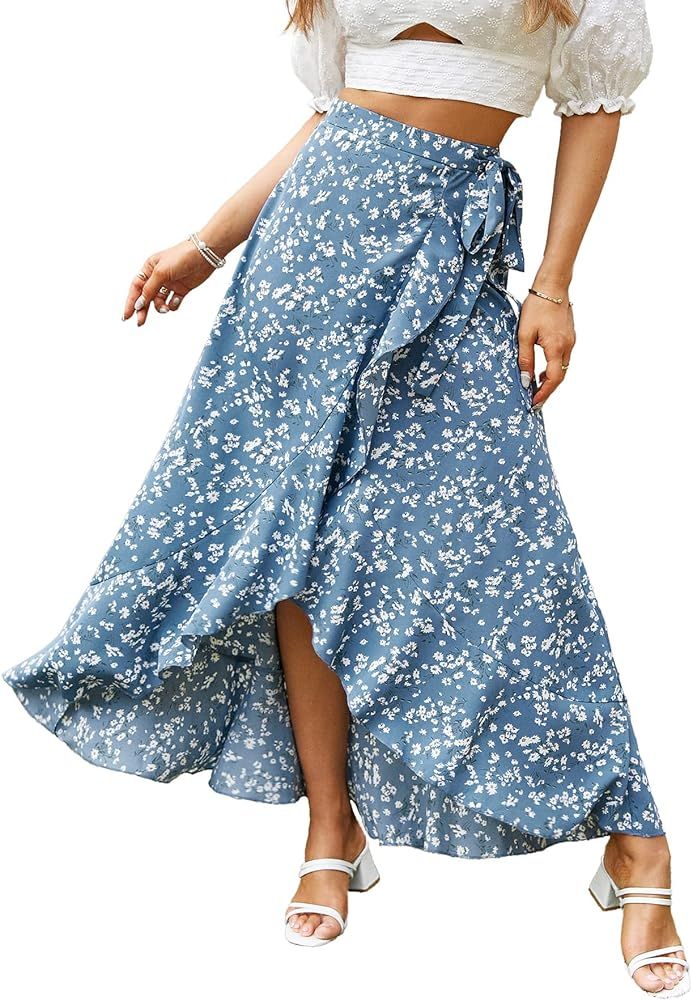 BerryGo Women's Boho Floral Wrap Maxi Skirt High Waisted Long Skirt with Slit | Amazon (US)