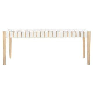 Amalia 47 in. Off White Leather/Light Oak Weaved Bench | The Home Depot