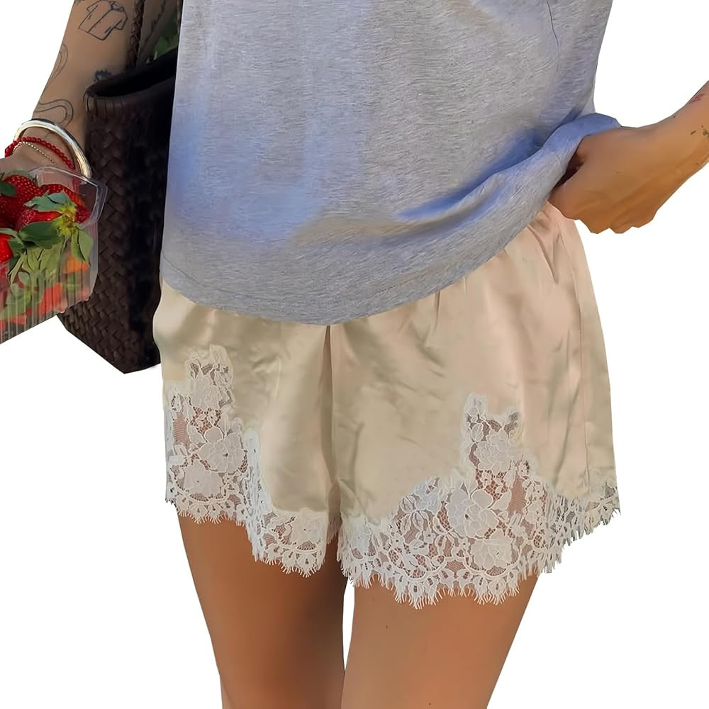 Women Satin Silk Lace Trim Shorts Elastic Waist Lace Patchwork Mini Shorts French Knickers Silky ... | Amazon (US)