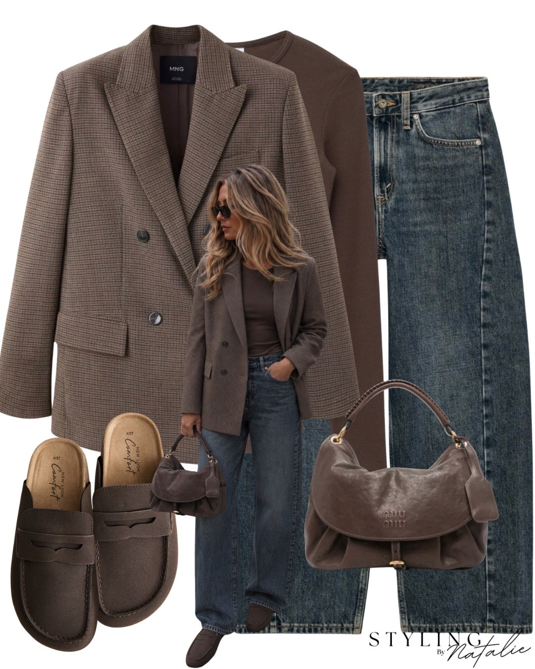 Checked double breasted blazer, dark denim barrel leg jeans, Miu Miu bag, backless miles, long sleeve t-shirt.
Autumn outfit, checkered, fall fashion, brown outfit, dark denim, casual chic, loafers.

#LTKuk #LTKeurope #LTKautumn