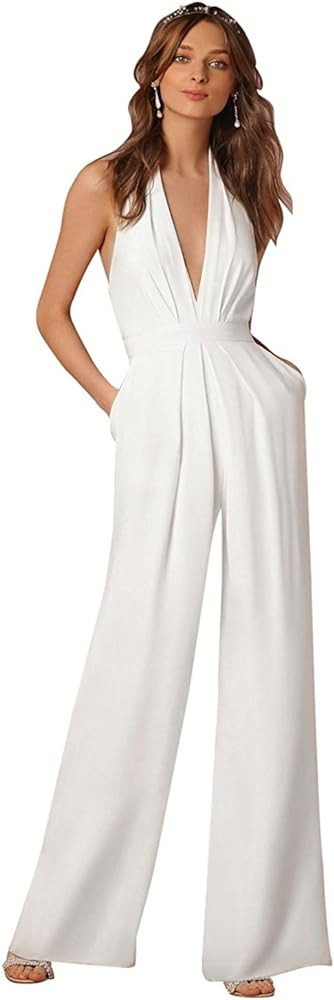 IBTOM CASTLE Women's Sexy High Waisted Jumpsuits V-NeckHalter Wide Leg Long Pants Wedding Rompers... | Amazon (US)