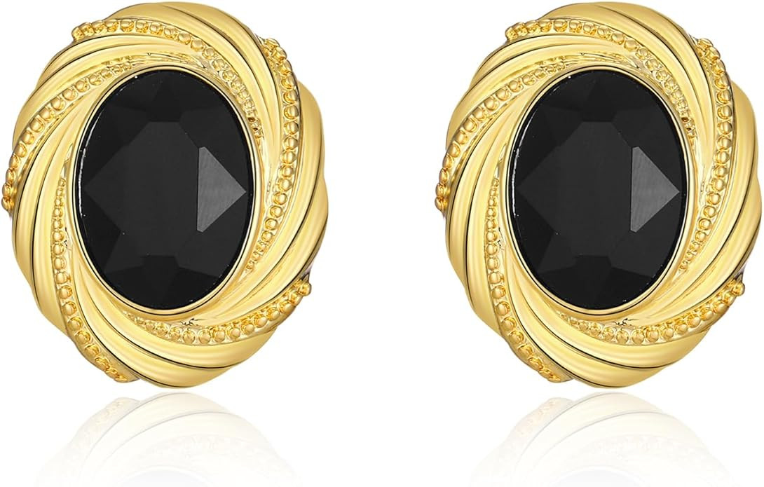 Chunky Gold Geometric Stud Earrings Trendy Vintage 14K Gold Plated Black Cubic Zirconia Statement... | Amazon (US)