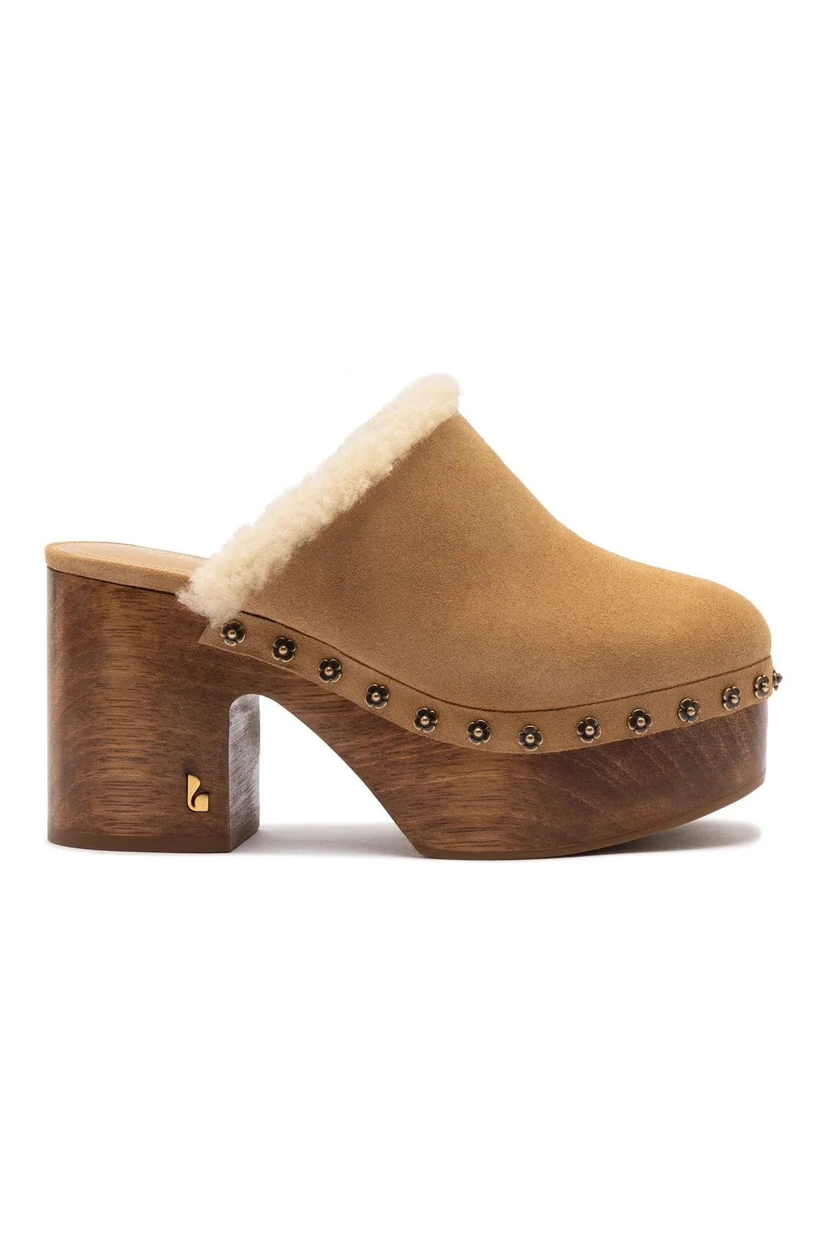 Miso Wooden Platform Clog In Peanut Suede And Natural Shearling | Over The Moon