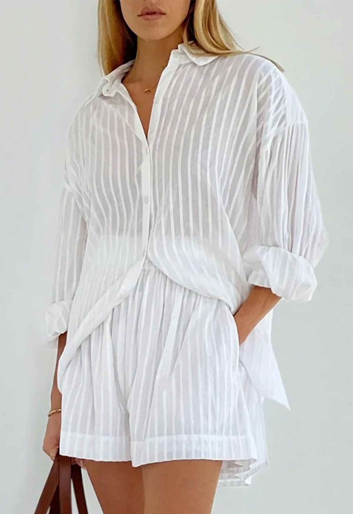Bubble Sleeve Semi Sheer Striped Shirt and Shorts Set for City Strolls & Workdays | Chicwish