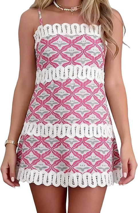 Women's Geometric Print Mini Dress Lace Trim Spaghetti Strap Dress Summer Casual Sundress for Bea... | Amazon (US)
