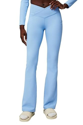 Fabletics Women's Oasis Pureluxe Crossover Rib Kick Flare, Light Compression, Buttery Soft, M, Bali Blue | Amazon (US)