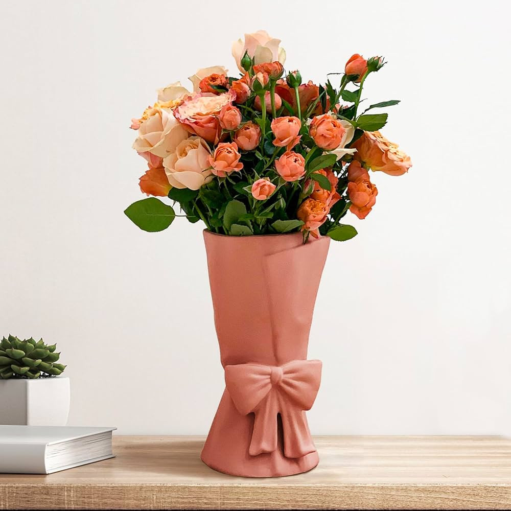 Pink Ceramic Bow Vase 9.64 in Unique Cute Modern Decorative Bouquet Flower Vases for Home Living ... | Amazon (US)