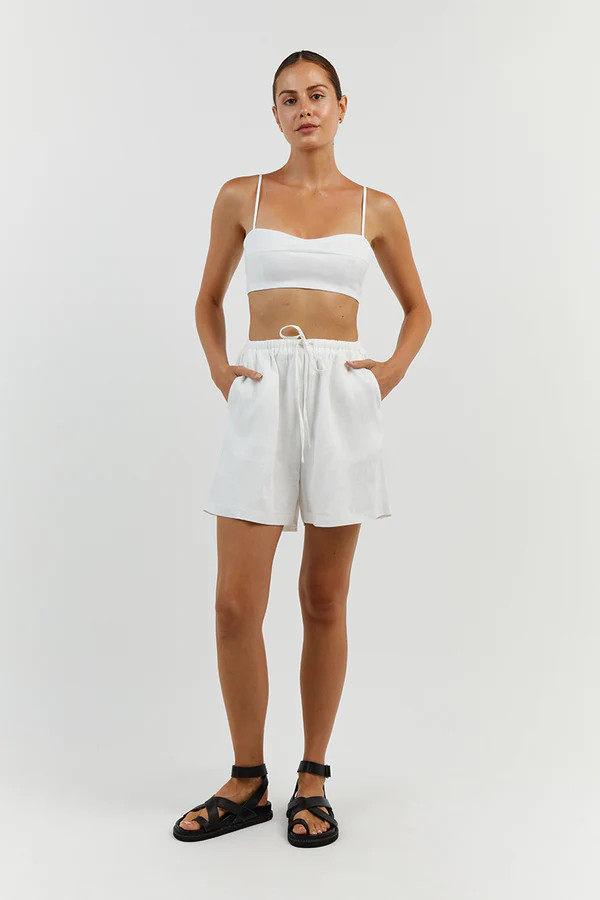 VIENNA WHITE LINEN CURVED CROP TOP | DISSH