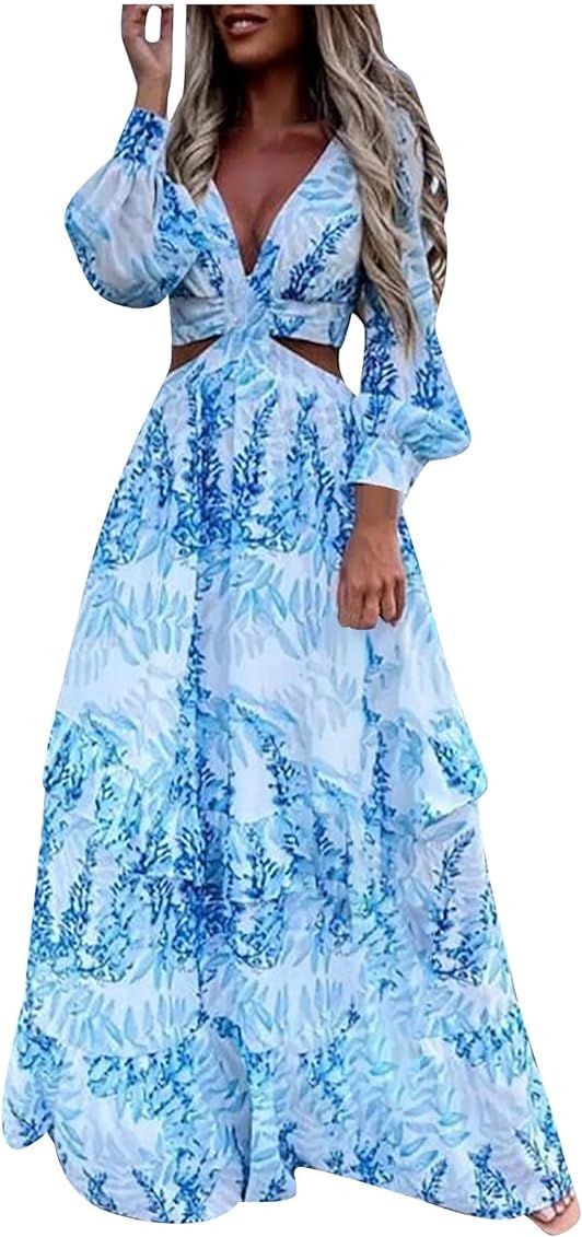 Womens Maxi Dress Plus Size Y2k Sexy Long Sleeve Deep V Neck Low Cut Waist Cutout Fluttering Floral  | Amazon (US)