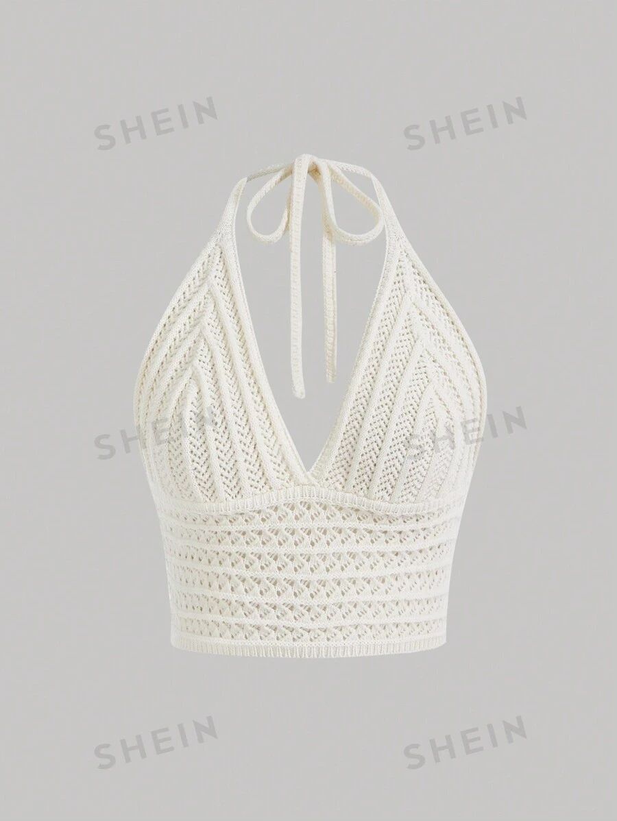 SHEIN MOD Solid Color V-Neck Halter Knit Top For Music Festival | SHEIN