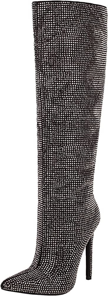 vivianly Womens Knee High Boots Pointed Toe Rhinestone Booties Stiletto Heel Long Boot | Amazon (US)