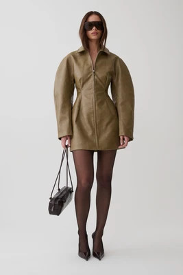 Jordana Faux Leather Mini Dress / Khaki | MESHKI | XXS | MESHKI US