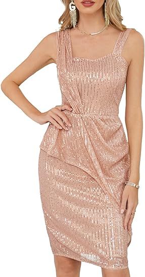 GRACE KARIN Women's 2023 Ruched Sequined Dress Asymmetric Strap Party Pencil Dress | Amazon (US)