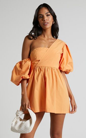 Sula Mini Dress - Asymmetric Off One Shoulder Puff Sleeve Dress in Sherbet Orange | Showpo (US, UK & Europe)