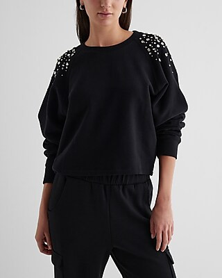 Rhinestone Embellished Crew Neck Boxy Fleece Sweatshirt | Express