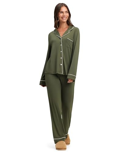 Cozy Earth 100% Viscose From Bamboo Long Sleeve Pajama Set For Women - Button-Up Sleepwear Olive | Amazon (US)