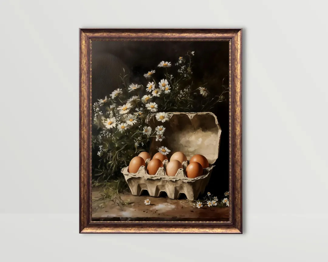 Eggs | Kitchen Wall Art, Moody Still Life Painting Dark Whimsical Food Print Vintage Groceries Pr... | Etsy (US)