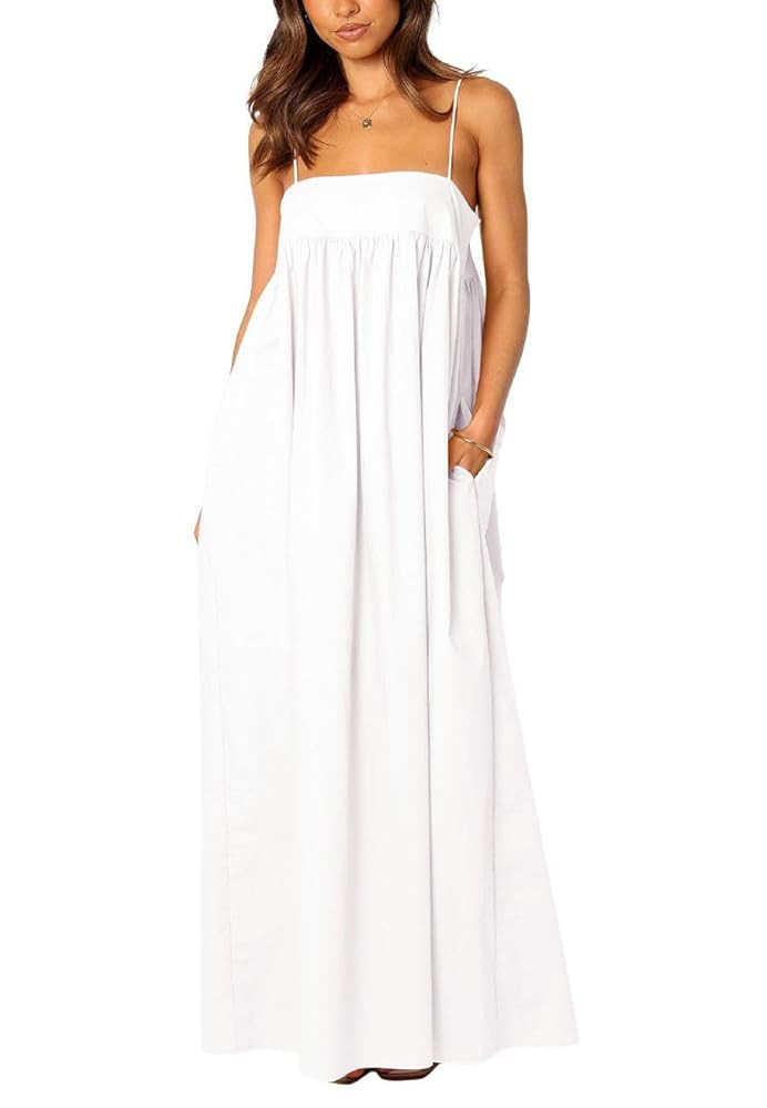ebossy Women's Summer Backless Tied Spaghetti Straps Casual Loose Cutout Maxi Dress with Pockets | Amazon (US)