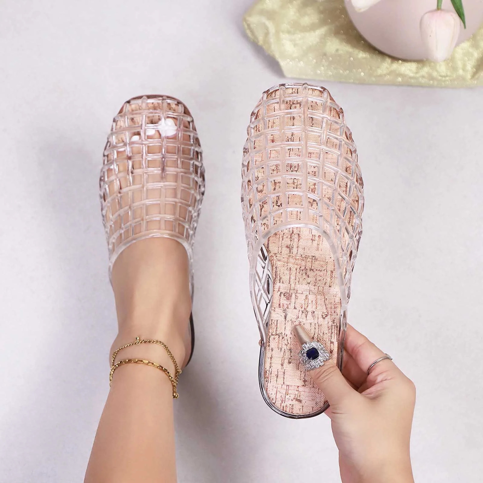 Quaouag Clear Jelly Mesh Slide Sandals for Women Slip on Closed Toe Flats Sandals Summer Beach Je... | Walmart (US)