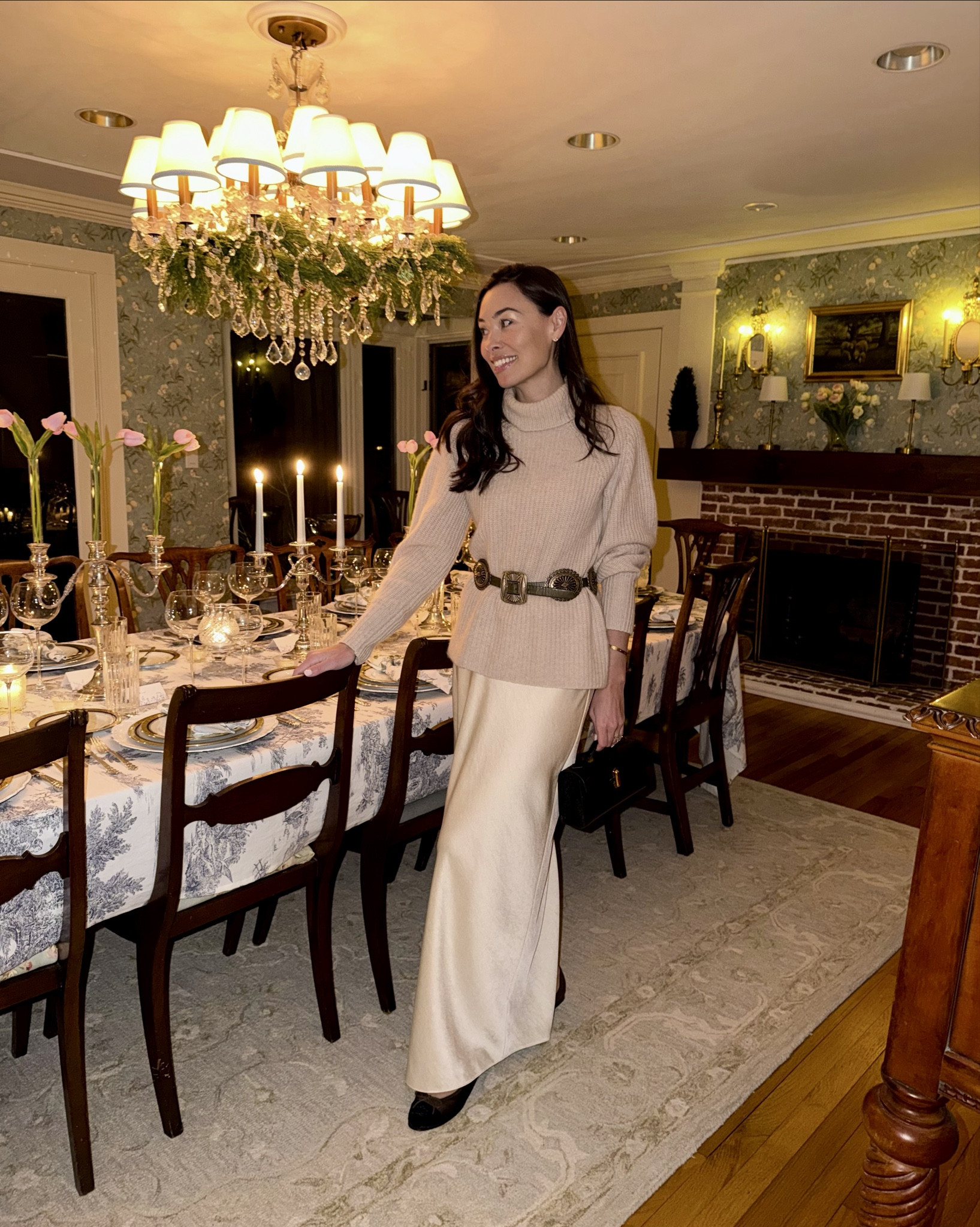 Dinner party, early spring outfit, silk skirt, Connectiut home, dining room, home decor. 

#LTKdayinmylife #LTKootd #LTKHome