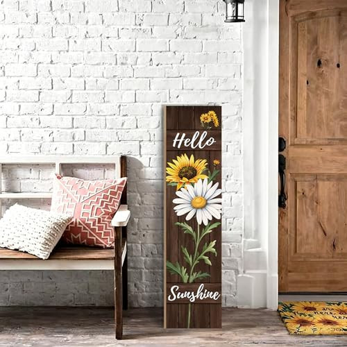 Hello Sunshine Porch Sign, Wooden Welcome Sign with Sunflower and Daisy Design, Vertical Front Door Sign for Entryway, Farmhouse Spring Summer Porch Decor, Floral Wooden Decoration, 31.5 Inch | Amazon (US)