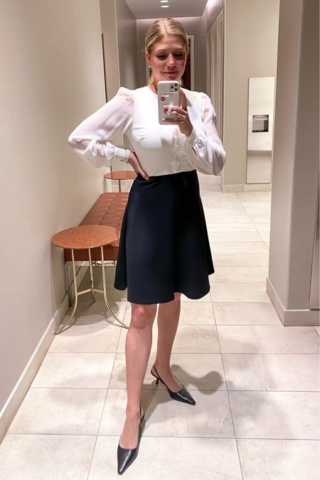 Karl Lagerfeld Paris dress with black bottom flare skirt and white blouse. Paired, of course, with one of my comfiest slingback pumps by Sam Edelman. Corporate chic. Business professional. Boss babe. Working mom  

#LTKWorkwear #LTKSaleAlert #LTKShoeCrush