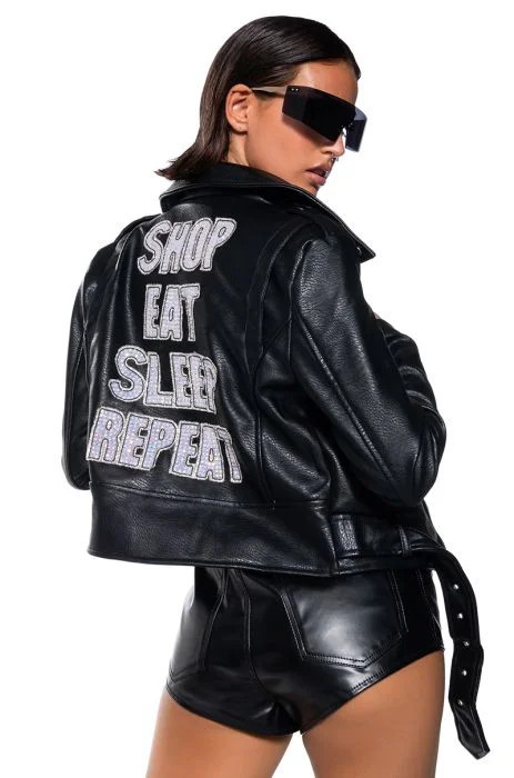 SHOP EAT SLEEP REPEAT EMBELLISHED FAUX LEATHER MOTO JACKET in black multi | AKIRA