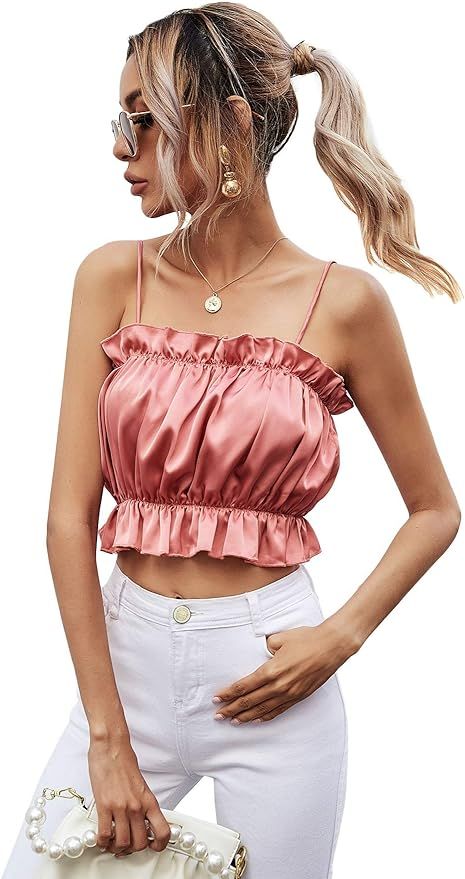 SweatyRocks Women's Frill Trim Ruched Front Sleeveless Cropped Cami Tank Top | Amazon (US)