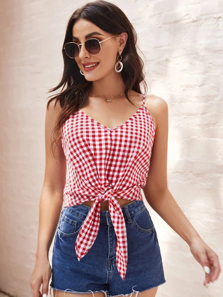 SHEIN Privé Tie Hem Buffalo Plaid Cami Top | SHEIN