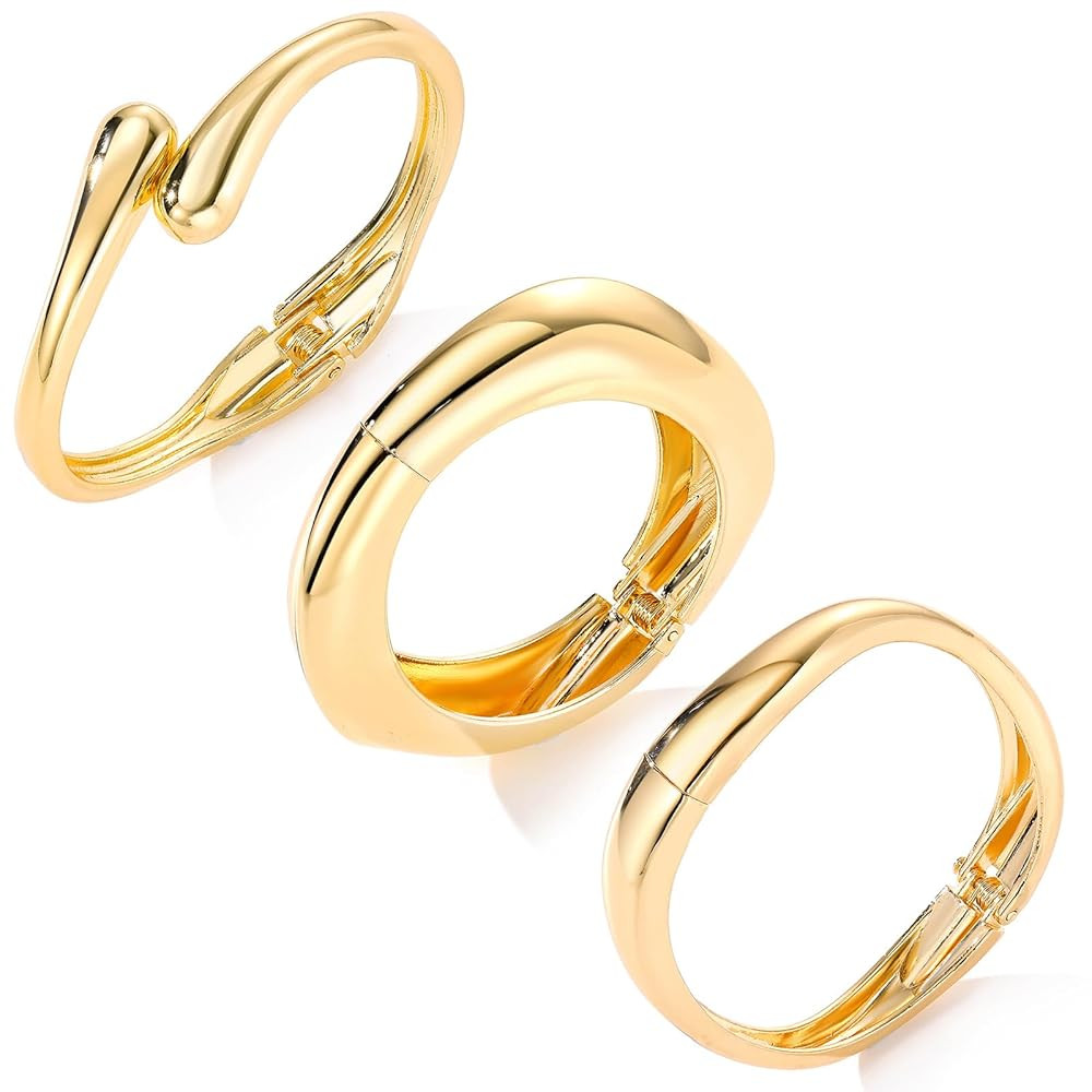 IFKM 3pcs Chunky Gold Bangle Bracelet For Women 14k Gold Plated Trendy Wide Hinged Cuff Open Brac... | Amazon (US)