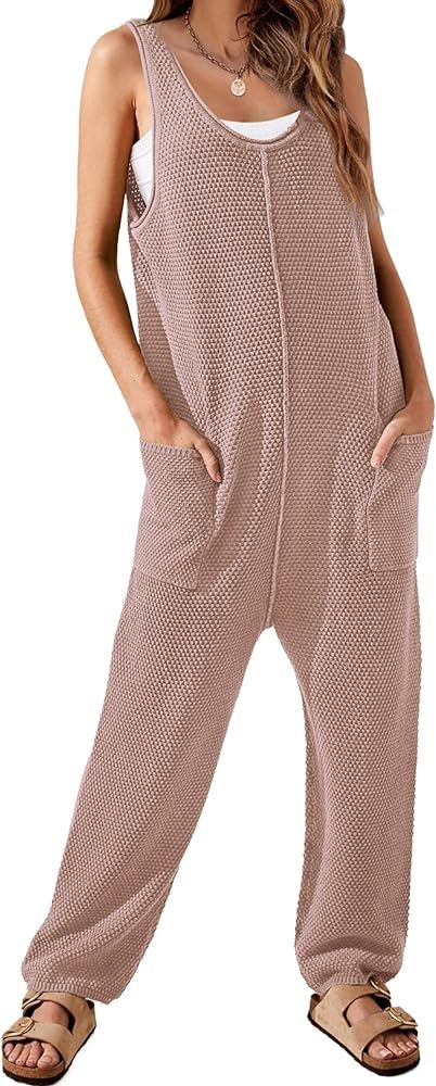 WIHOLL Womens Casual Loose Knit Jumpsuits Sleeveless V Neck Romper with Pocket and Long Pants Ove... | Amazon (US)