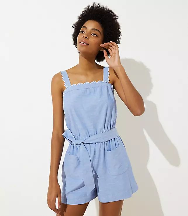 LOFT Beach Chambray Scalloped Tie Waist Romper | LOFT