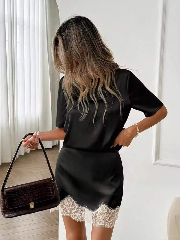 Easowa Crew Neck T-Shirt Top And Lace Patchwork A-Line Skirt Set, Silk Satin Casual Sexy Loose El... | SHEIN