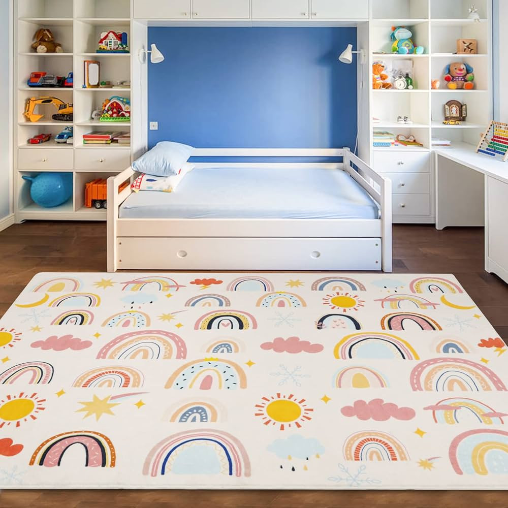 LTKOUGFAM Soft Kids Area Rug, Large Washable Space Mat, Non-Slip Cute Rainbow Weather Baby Crawli... | Amazon (US)