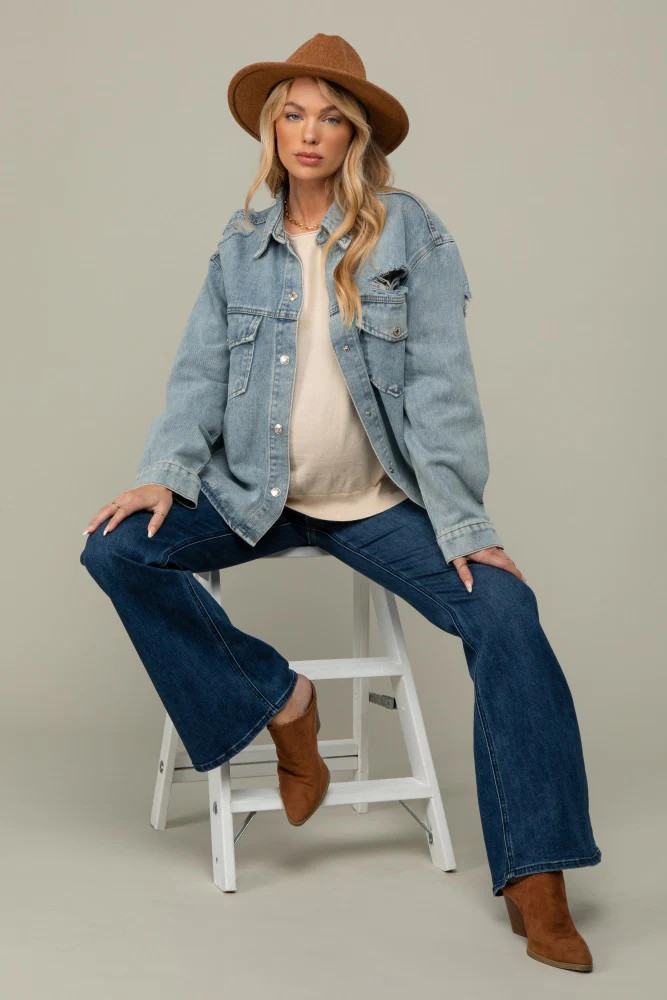 Light Blue Front Pocket Denim Maternity Shacket | PinkBlush Maternity