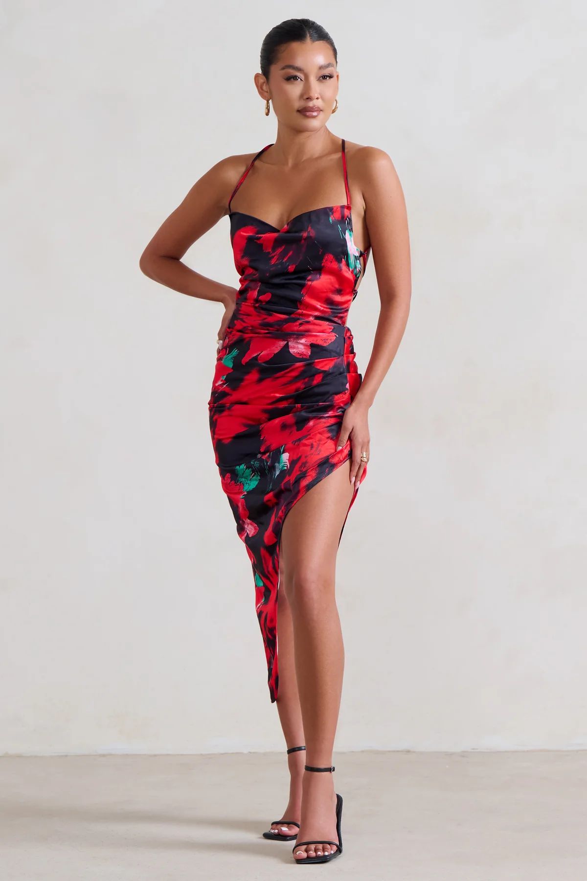 Risk It All | Black & Red Floral Print Cami Cowl Neck Asymmetric Hem Dress | Club L London