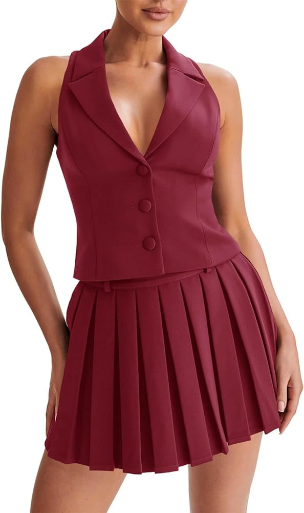 Cicy Bell Womens Summer 2 Piece Outfits V Neck Blazer Vest Matching Sets and Mini Pleated Skirts | Amazon (US)