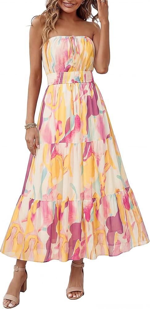 Simplee Women's Summer Maxi Dresses 2026 Elegant Strapless Boho Floral Mesh Vacation Beach Dress ... | Amazon (US)