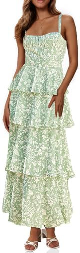 Fisoew Womens Floral Maxi Dresses Spaghetti Strap Casual Sleeveless Ruffle Flowy Tiered Dress | Amazon (US)