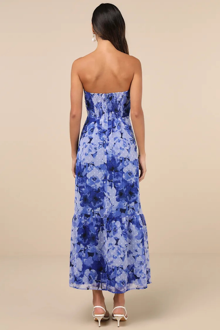 Bright Perspective Blue and Lavender Floral Strapless Midi Dress | Lulus