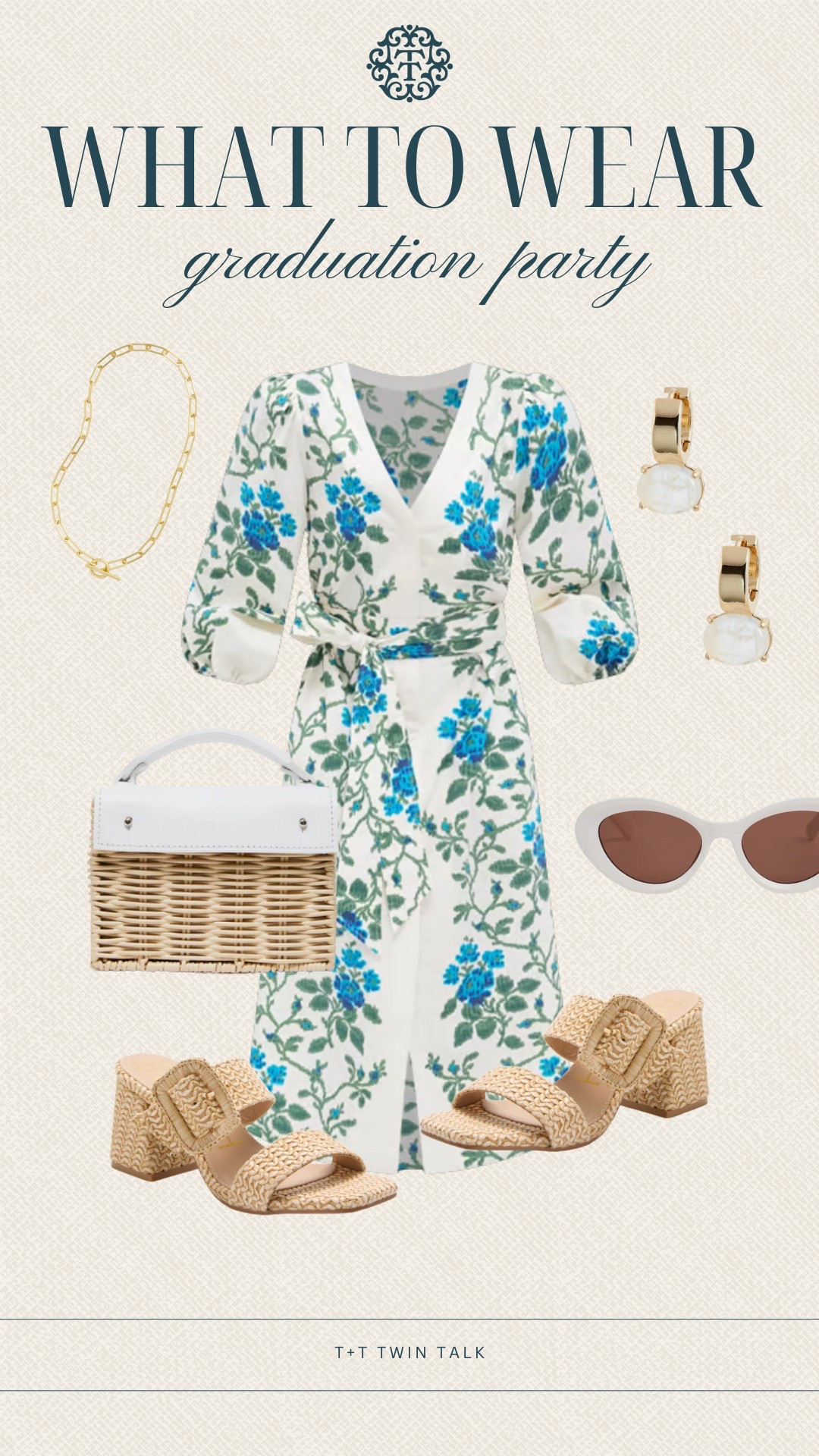What to wear to a graduation party! A blue and green floral Tuckernuck dress pair with some rattan heels!

#LTKStyleTip #LTKOver40 #LTKMidsize