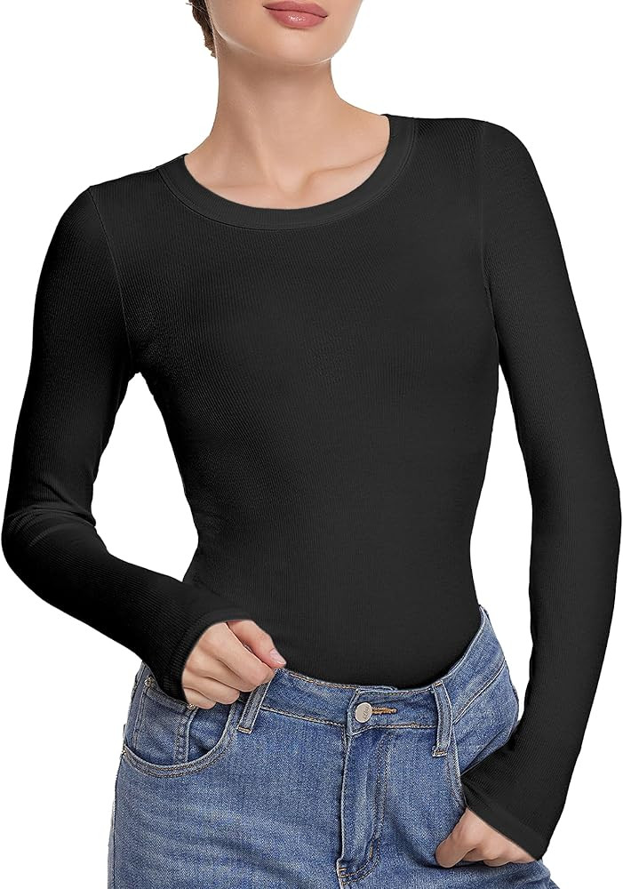 Long Sleeve Shirts for Women Tight Basic Ribbed Shirts 2026 Fall Outfits Casual T-Shirt Layer Clo... | Amazon (US)