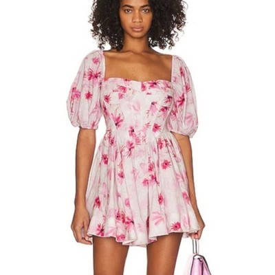 NEW Bardot Revolve Kiah Corset Puff Sleeve Square Neck Mini Dress Pink Size 4 | eBay US