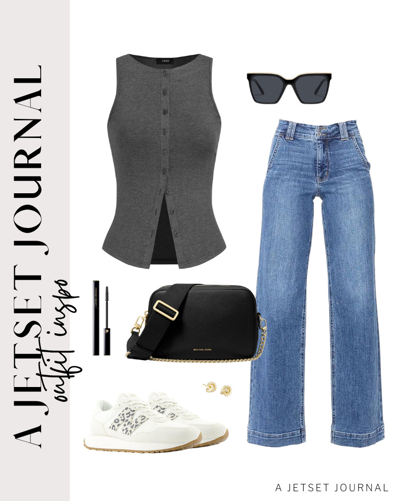 Perfect for an airport outfit or casual Fridays, this combination of a dark gray button-down tank top and jeans is a win! New Balance’s sneakers and Michael Kors’ Chain Camera crossbody bag complement the look. Don’t forget your sunnies to boost the vibe.


#LTKSeasonal #LTKSaleAlert #LTKTravel 

 